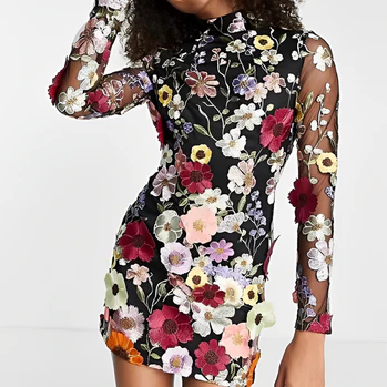 Ladies Dress - Figure-accentuating - Long Sleeves - 3D Flower Applique - High Neck - Image 3