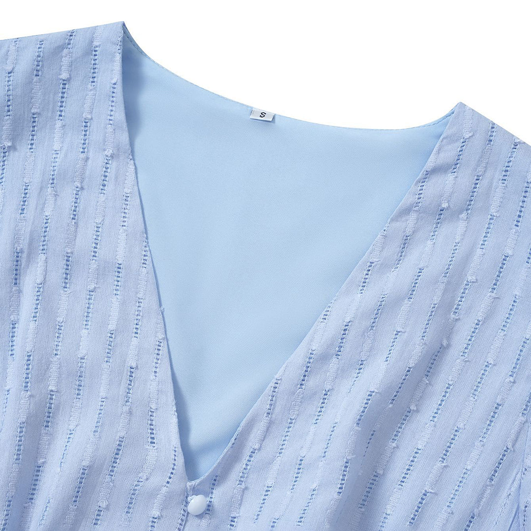 Ladies Midi Dress - Tailored Fit - V-Neck - Short Puff Sleeves - Elegant Style - Image 6