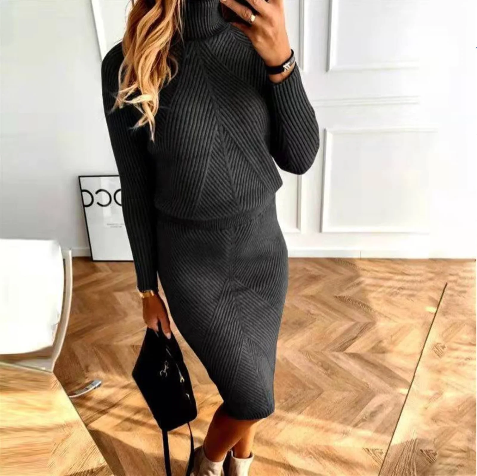 Women's Knitted Set - Ribbed Texture - Turtleneck & Pencil Skirt - Slim Fit Comfort Stretch - Image 5
