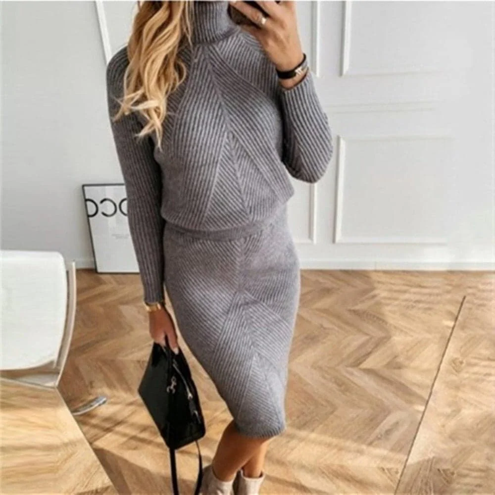 Women's Knitted Set - Ribbed Texture - Turtleneck & Pencil Skirt - Slim Fit Comfort Stretch - Image 9