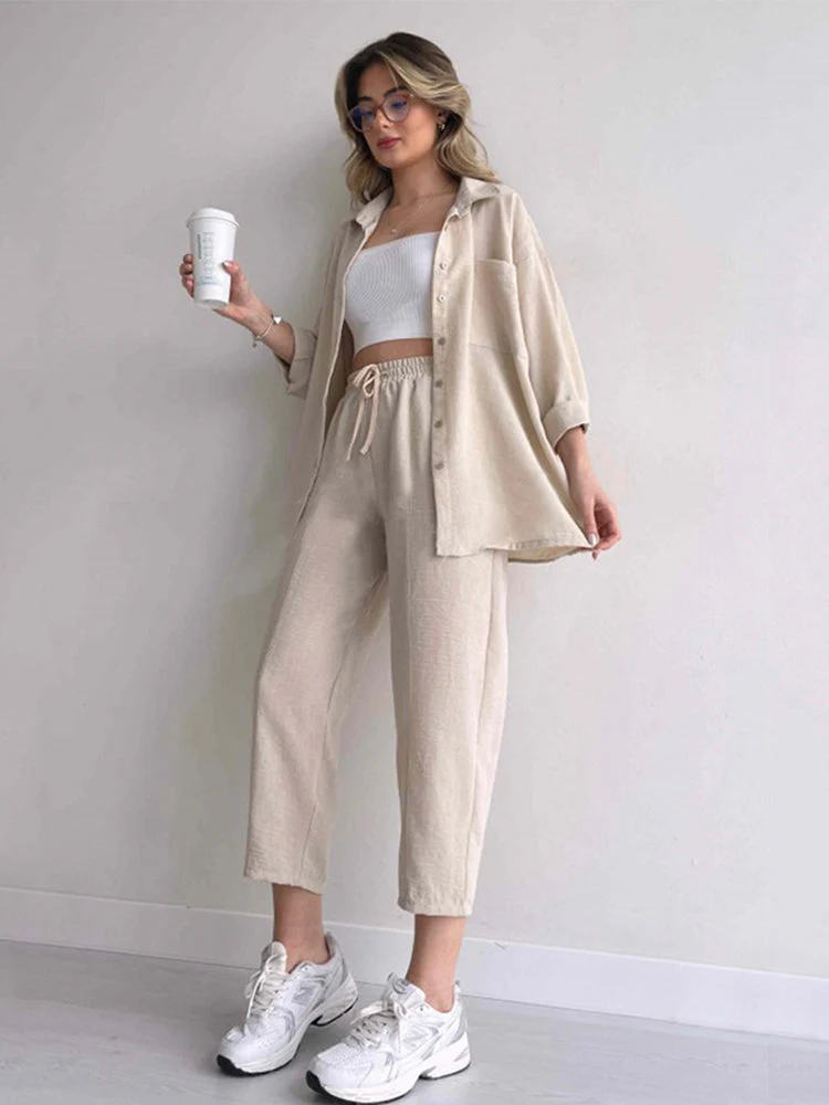 Women's Two-Piece Set – Relaxed Fit Blouse – Elastic Pants with Drawstring – Breathable - Image 2