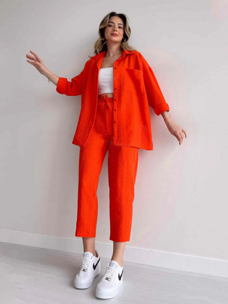 Women's Two-Piece Set – Relaxed Fit Blouse – Elastic Pants with Drawstring – Breathable - Image 3