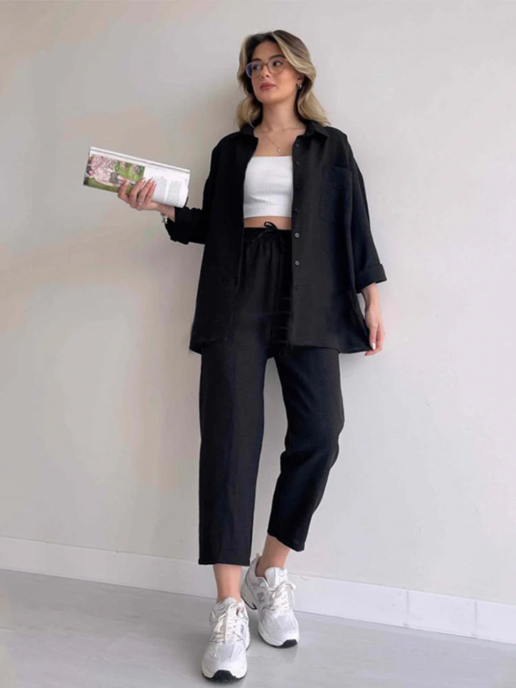 Women's Two-Piece Set – Relaxed Fit Blouse – Elastic Pants with Drawstring – Breathable - Image 4
