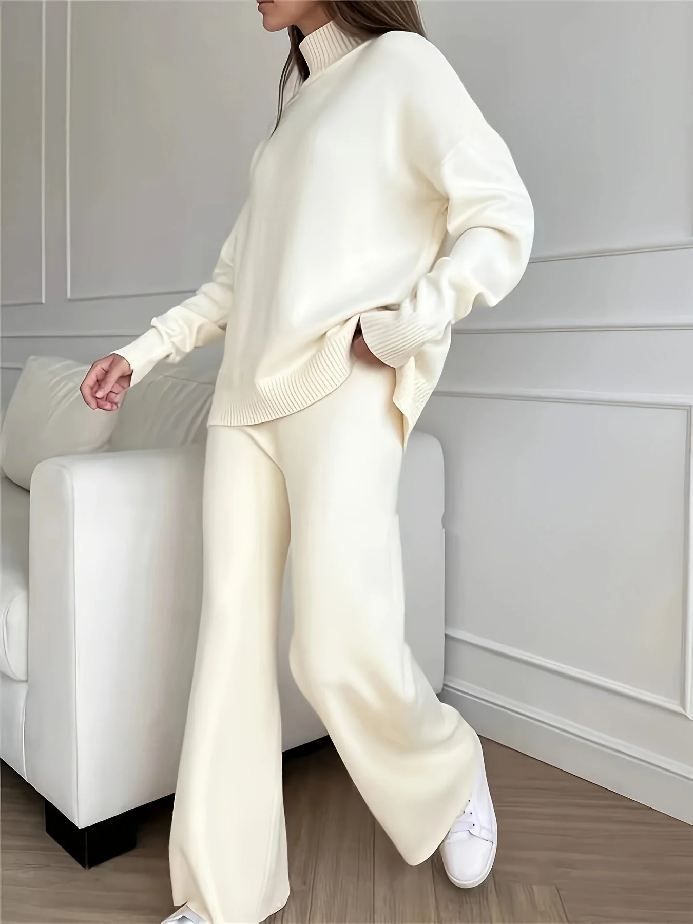 Women's Turtleneck Sweater - Soft Knit Fabric - Relaxed Fit - Long Sleeves Ribbed Cuffs - Image 3