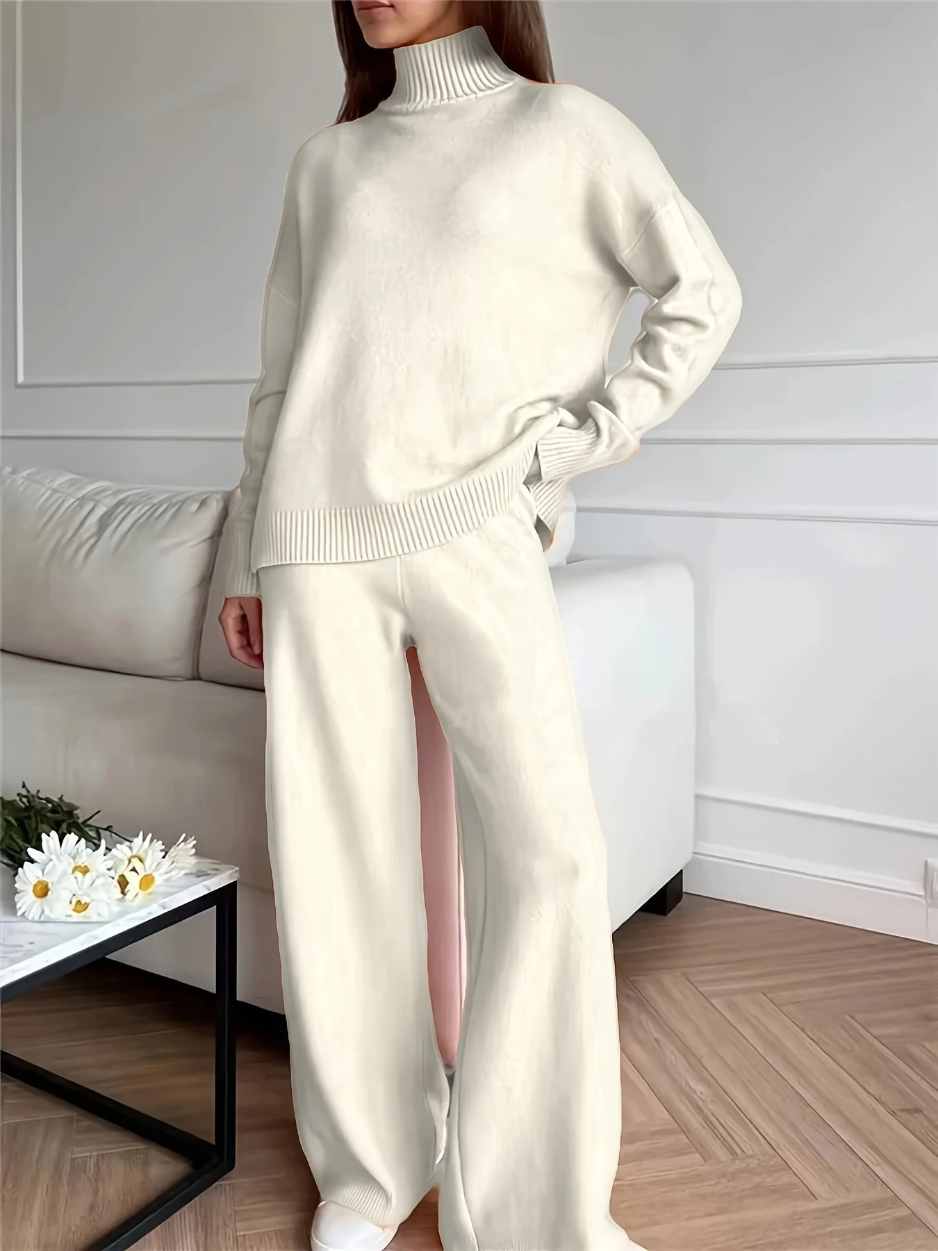 Women's Turtleneck Sweater - Soft Knit Fabric - Relaxed Fit - Long Sleeves Ribbed Cuffs - Image 5