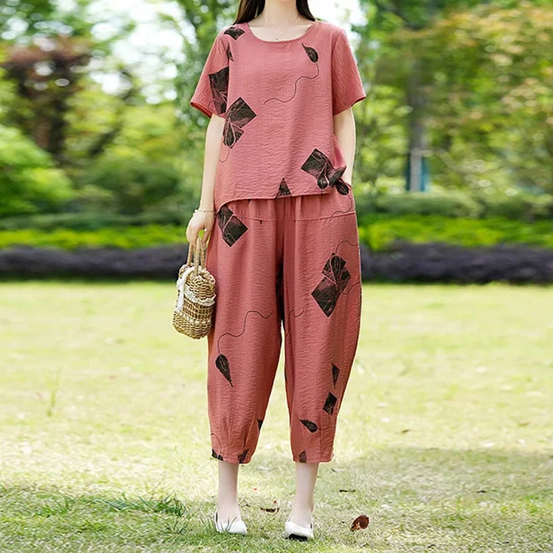Women's Two-Piece Suit - Airy Crinkle Fabric - Wide Pants - Comfortable Fit - Image 2