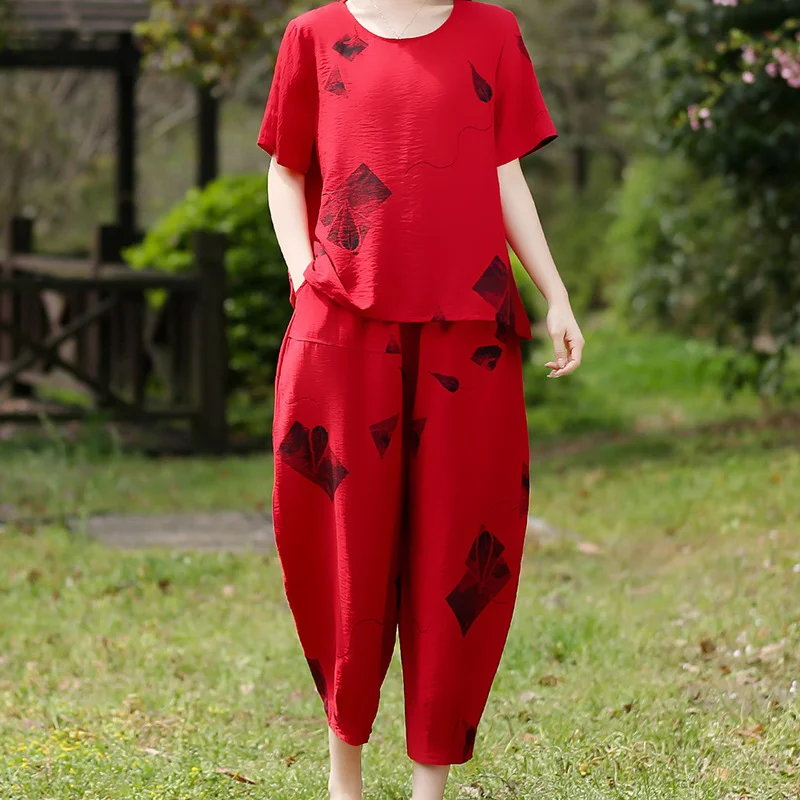 Women's Two-Piece Suit - Airy Crinkle Fabric - Wide Pants - Comfortable Fit - Image 4