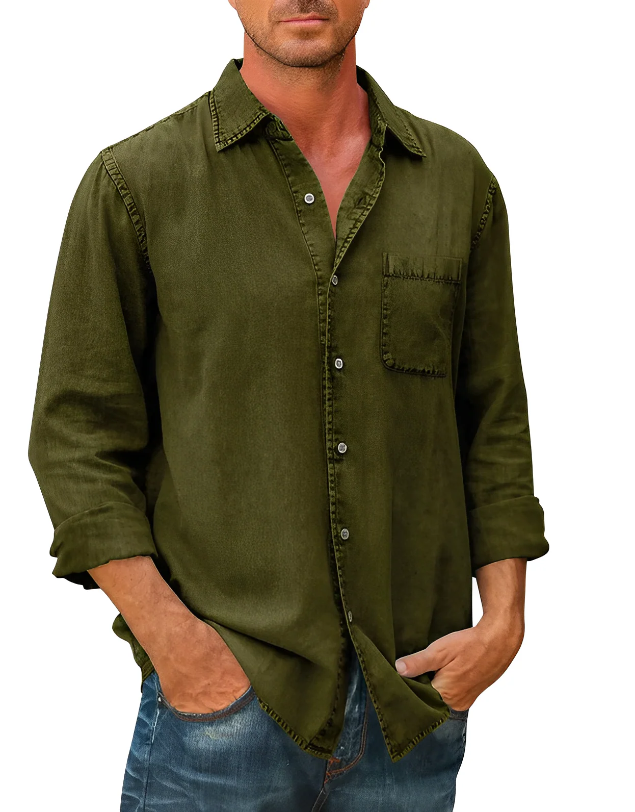 Men's Shirt – Cotton – Relaxed Fit – Long Sleeve – Casual with Chest Pocket - Image 3