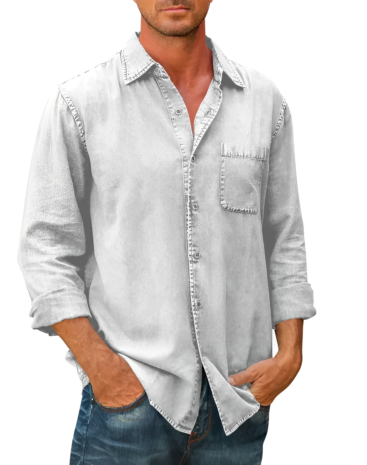 Men's Shirt – Cotton – Relaxed Fit – Long Sleeve – Casual with Chest Pocket - Image 4
