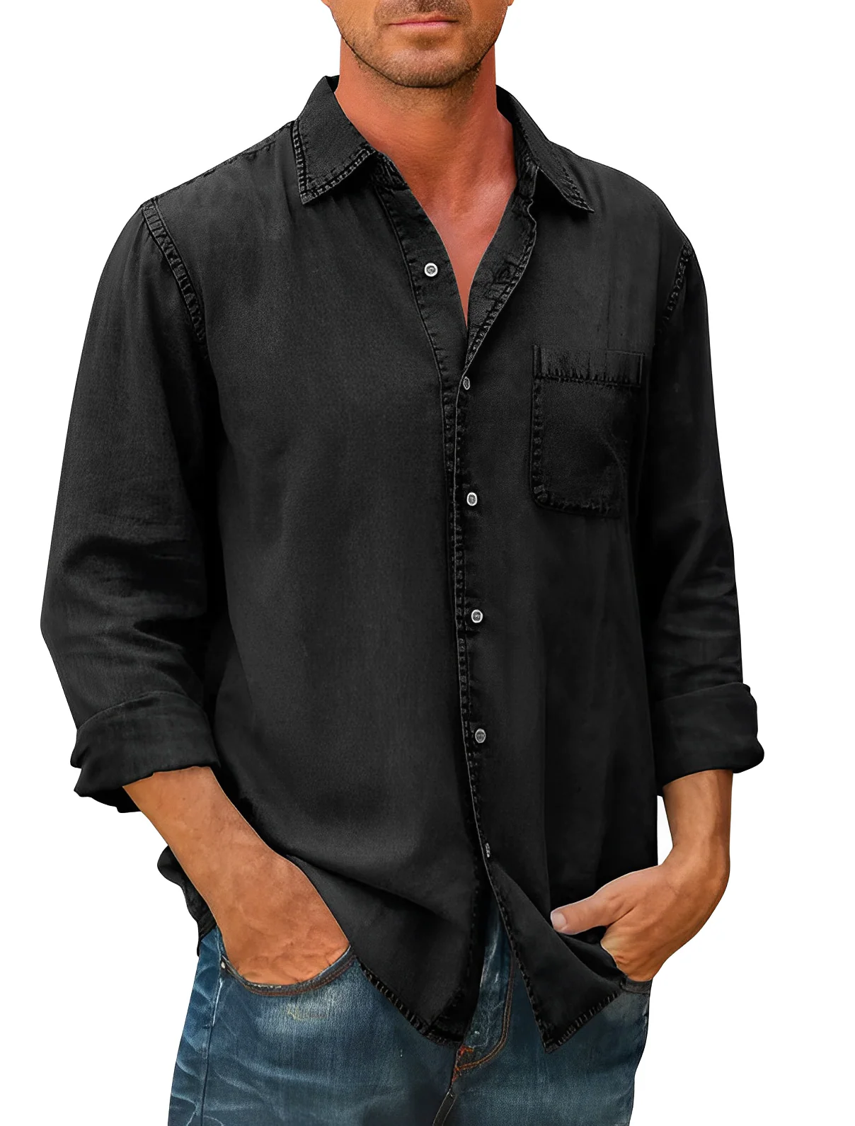 Men's Shirt – Cotton – Relaxed Fit – Long Sleeve – Casual with Chest Pocket - Image 5
