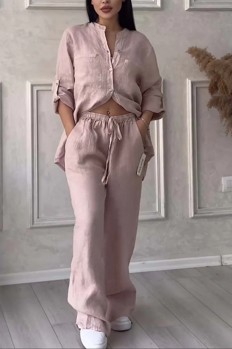 Ladies Lounge Set – V-Neck Blouse with Button Closure – Wide Pants with Elastic Waist - Image 10