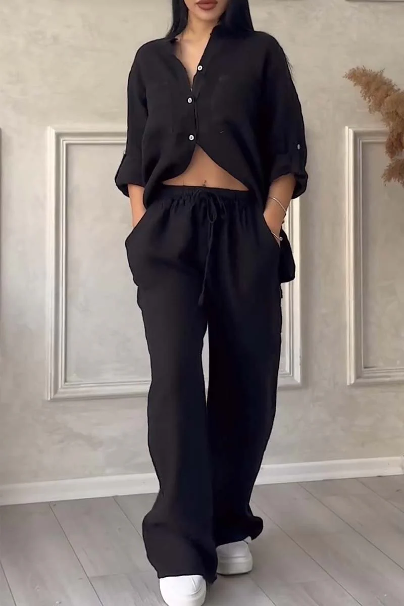 Ladies Lounge Set – V-Neck Blouse with Button Closure – Wide Pants with Elastic Waist - Image 2