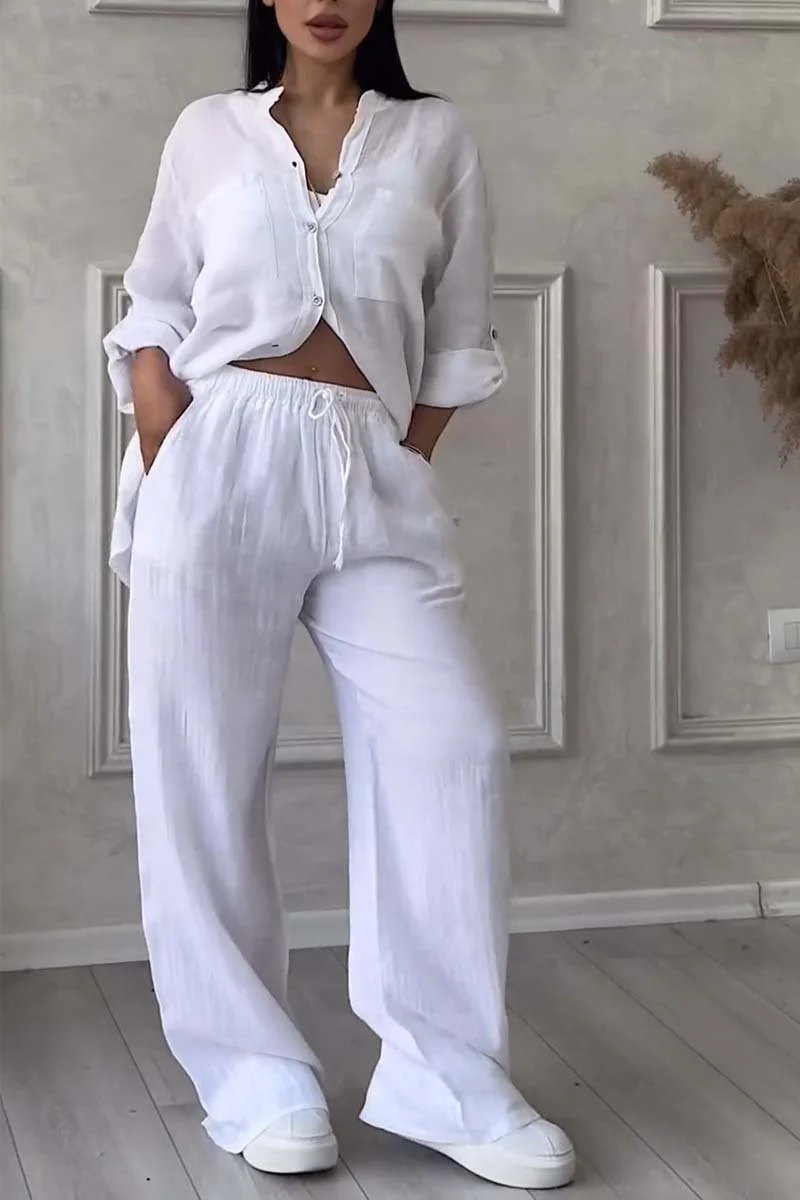 Ladies Lounge Set – V-Neck Blouse with Button Closure – Wide Pants with Elastic Waist - Image 3