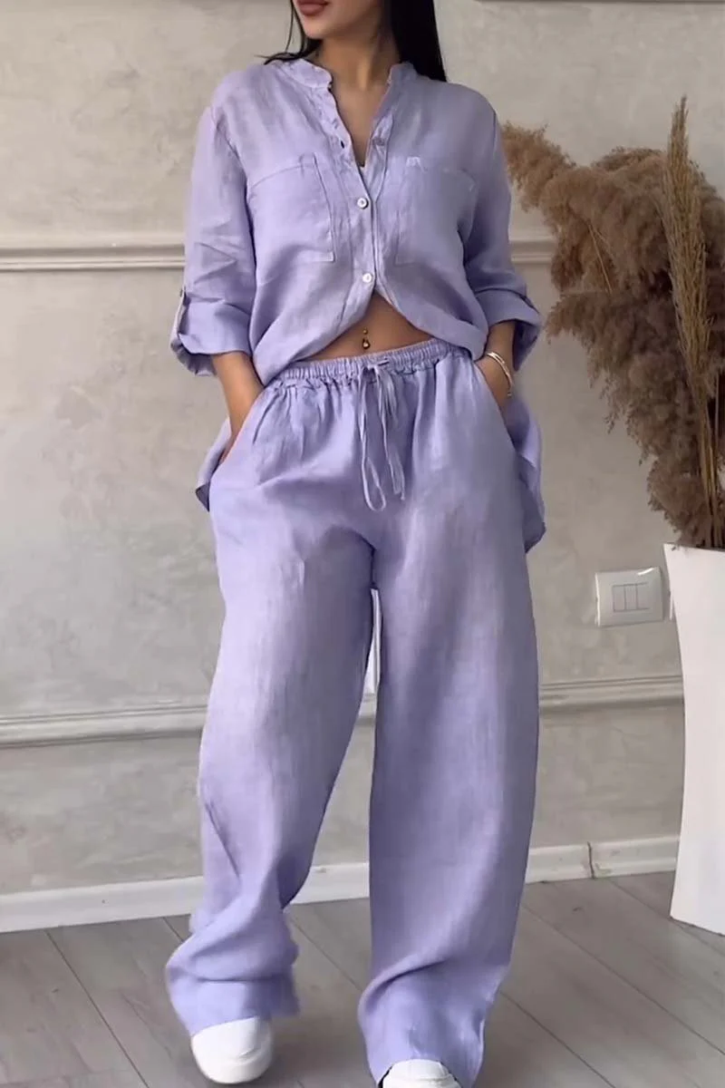 Ladies Lounge Set – V-Neck Blouse with Button Closure – Wide Pants with Elastic Waist - Image 5