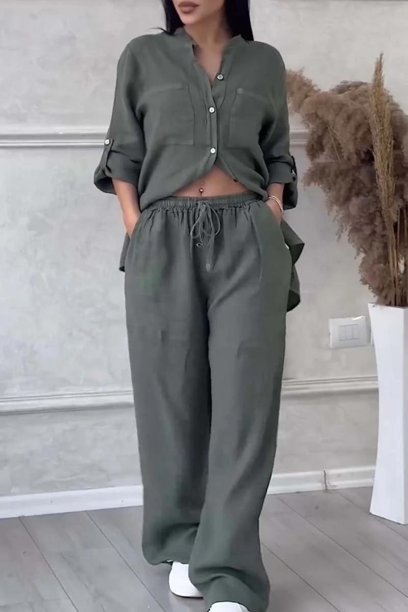 Ladies Lounge Set – V-Neck Blouse with Button Closure – Wide Pants with Elastic Waist - Image 6