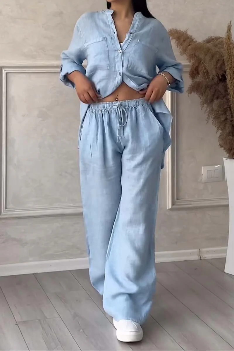 Ladies Lounge Set – V-Neck Blouse with Button Closure – Wide Pants with Elastic Waist - Image 7
