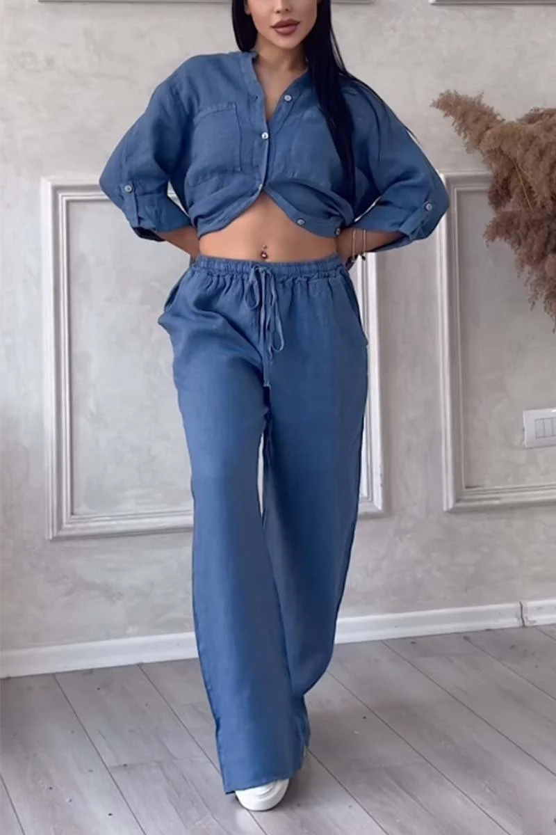 Ladies Lounge Set – V-Neck Blouse with Button Closure – Wide Pants with Elastic Waist - Image 8