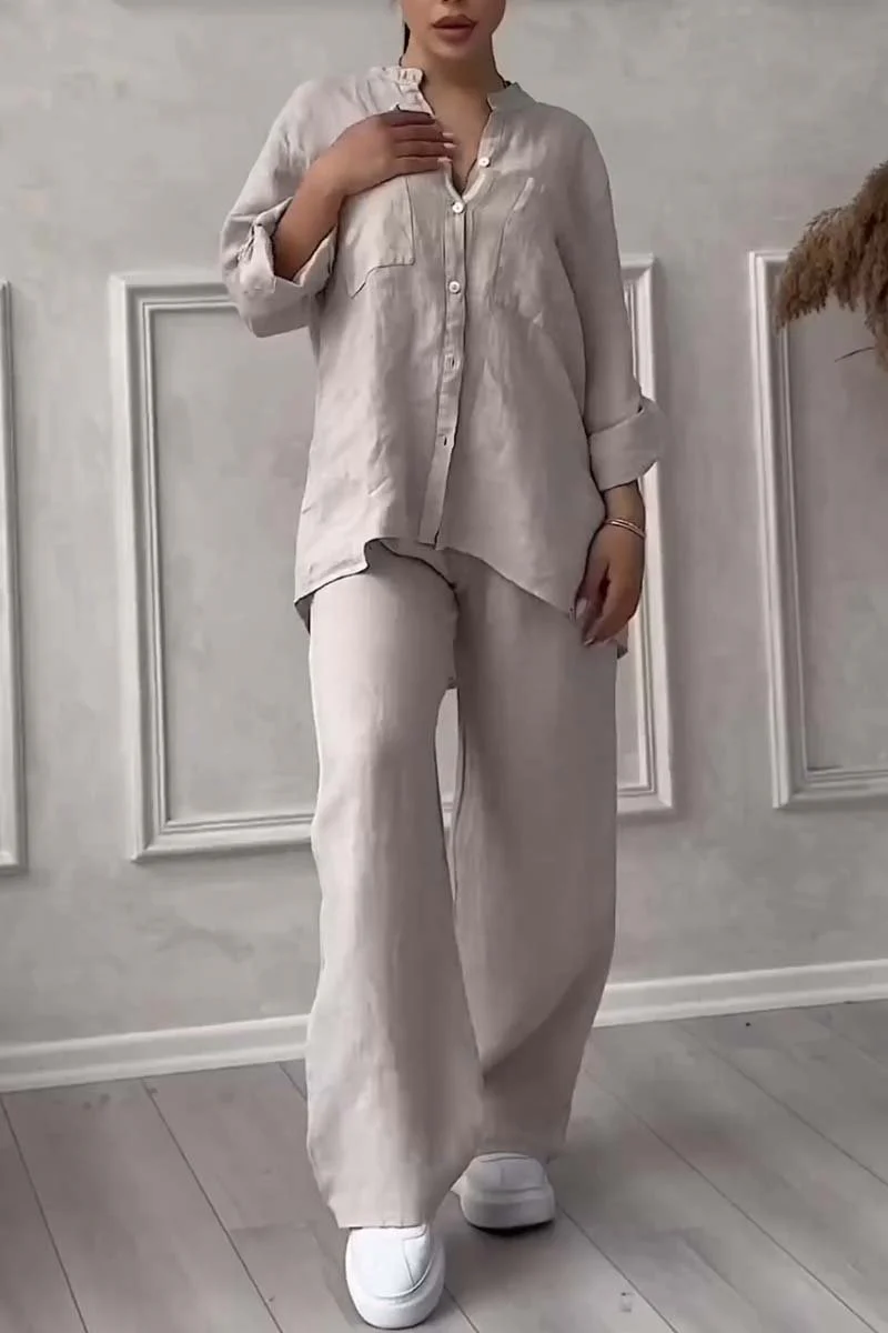 Ladies Lounge Set – V-Neck Blouse with Button Closure – Wide Pants with Elastic Waist - Image 9