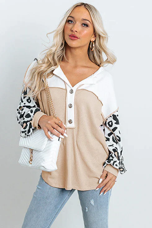 Ladies Top – Waffle Texture – Button Closure – Loose Fit – Animal Print Sleeves - Image 3
