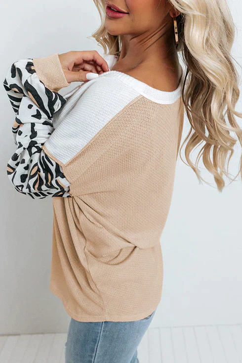Ladies Top – Waffle Texture – Button Closure – Loose Fit – Animal Print Sleeves - Image 4