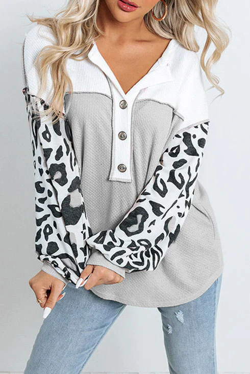 Ladies Top – Waffle Texture – Button Closure – Loose Fit – Animal Print Sleeves - Image 6