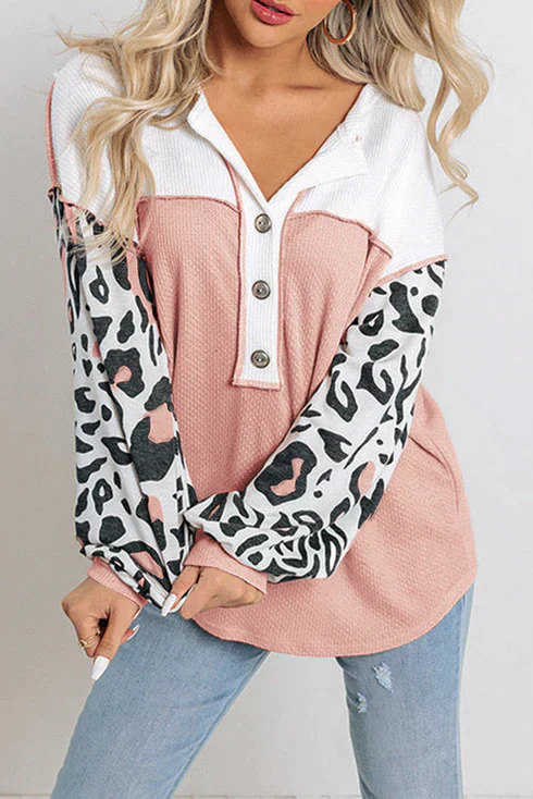 Ladies Top – Waffle Texture – Button Closure – Loose Fit – Animal Print Sleeves - Image 7