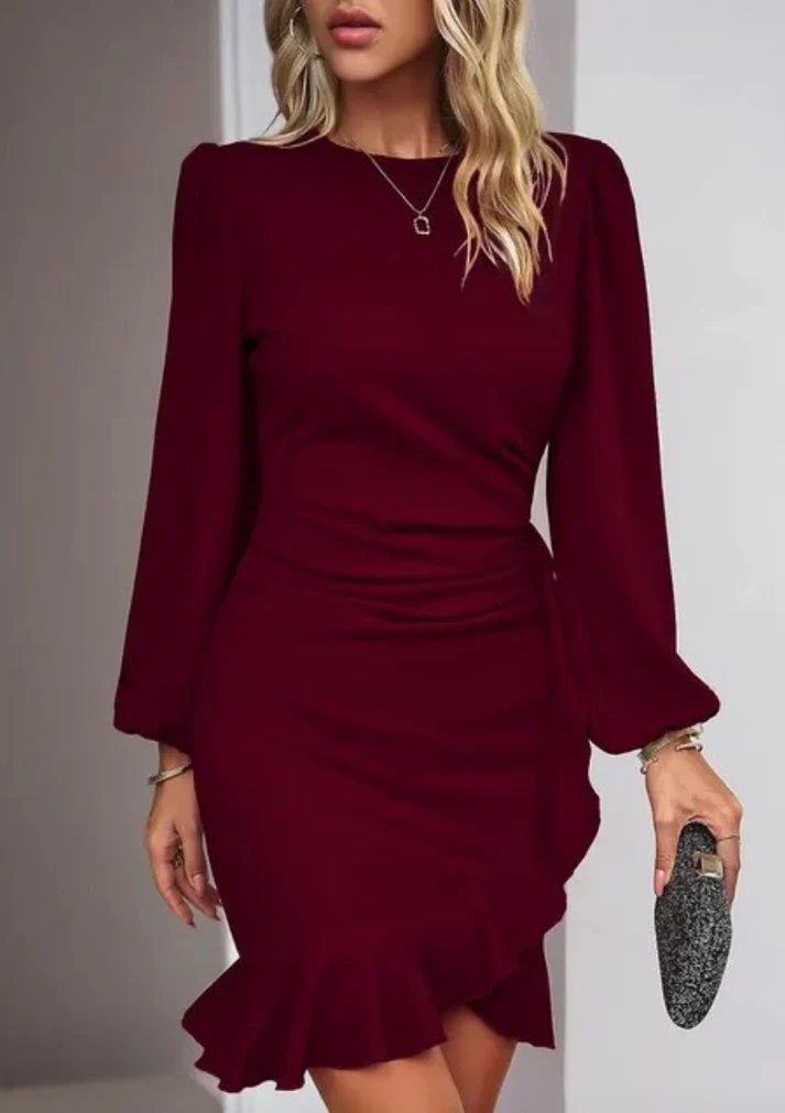 Ladies Dress - Bodycon Fit - Long Balloon Sleeves - Asymmetrical Hem - Elegant Style - Image 3