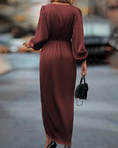 Women's Maxi Dress - Satin Look - Wrap Model - Deep V-Neck - Long Puff Sleeves - Image 2