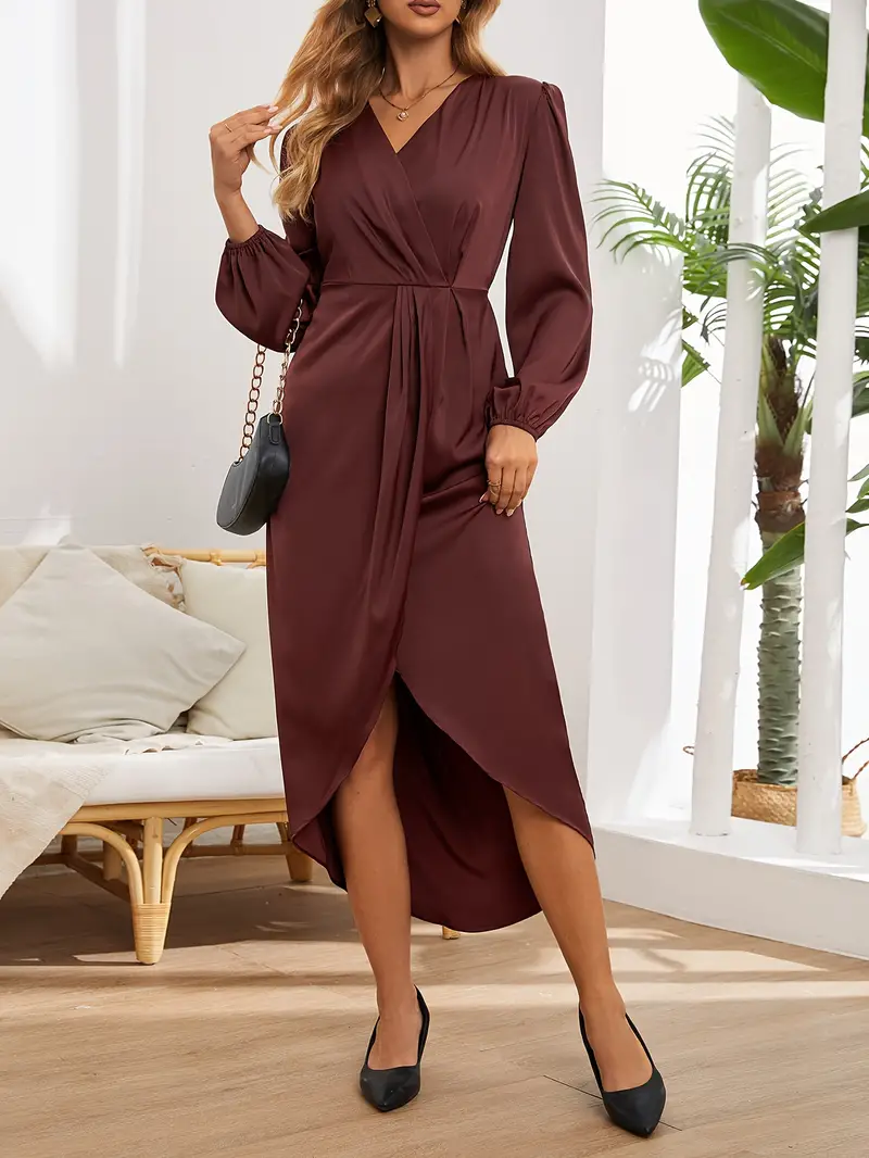 Women's Maxi Dress - Satin Look - Wrap Model - Deep V-Neck - Long Puff Sleeves - Image 4