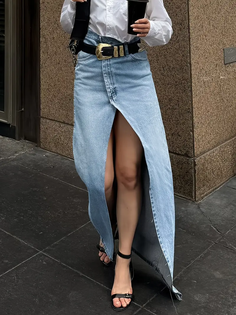 Ladies' Denim Maxi Skirt - High Waist - Front Split - Casual Elegant Design - Image 2