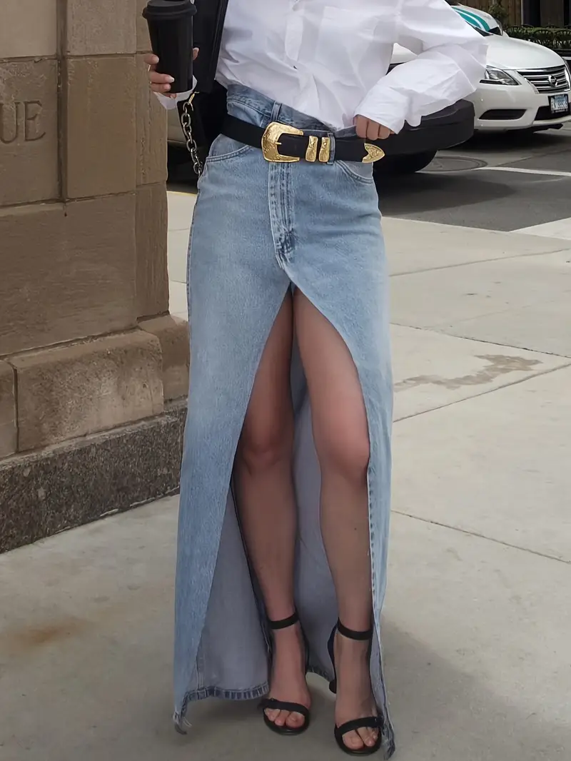 Ladies' Denim Maxi Skirt - High Waist - Front Split - Casual Elegant Design - Image 4