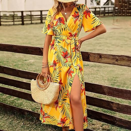 Ladies Maxi Dress - Wrap Style - Lightweight Flowy Fabric - V-Neck - Short Sleeve - Image 3
