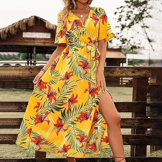 Ladies Maxi Dress - Wrap Style - Lightweight Flowy Fabric - V-Neck - Short Sleeve - Image 4