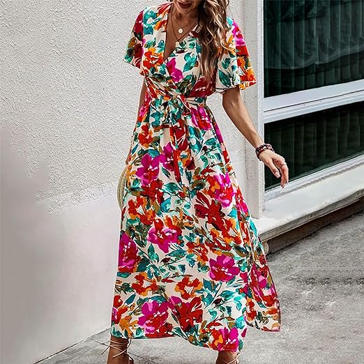 Ladies Maxi Dress - Wrap Style - Lightweight Flowy Fabric - V-Neck - Short Sleeve - Image 5