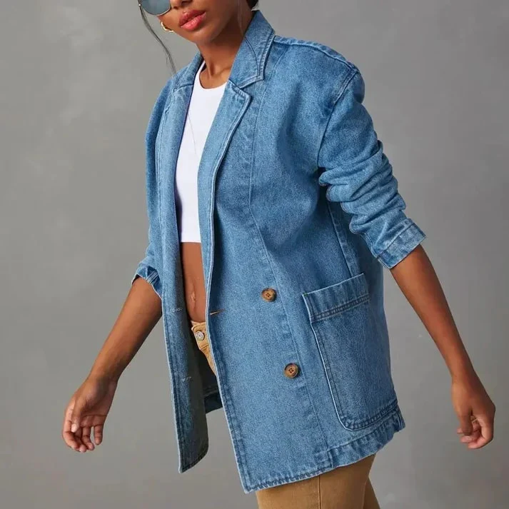 Women's Blazer - Denim Material - Tailored Fit - Long Sleeves - Casual Chic - Image 4