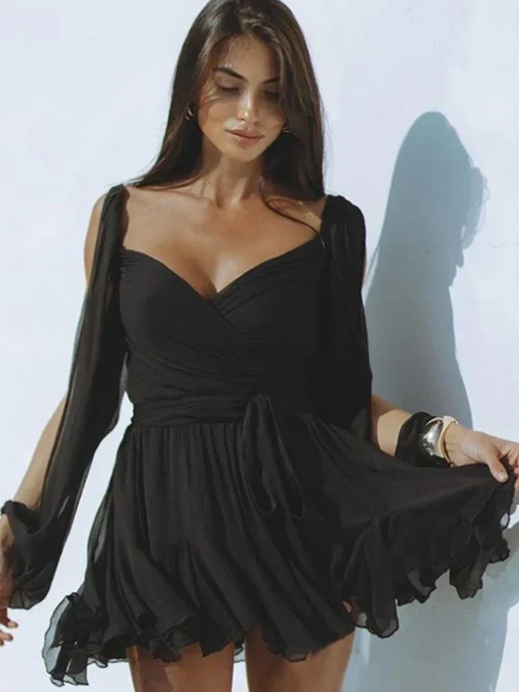 Ladies Dress – Elegant Wrap Look – Deep V-Neck – Pleated Skirt – Airy Long Sleeves - Image 13