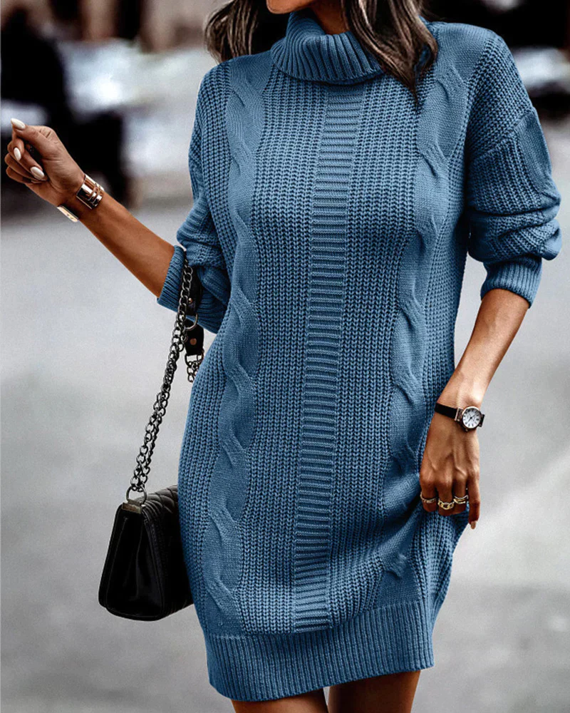 Women's Knitted Sweater Dress – Turtleneck – Cable Pattern – Loose Fit – Long Sleeves - Image 2