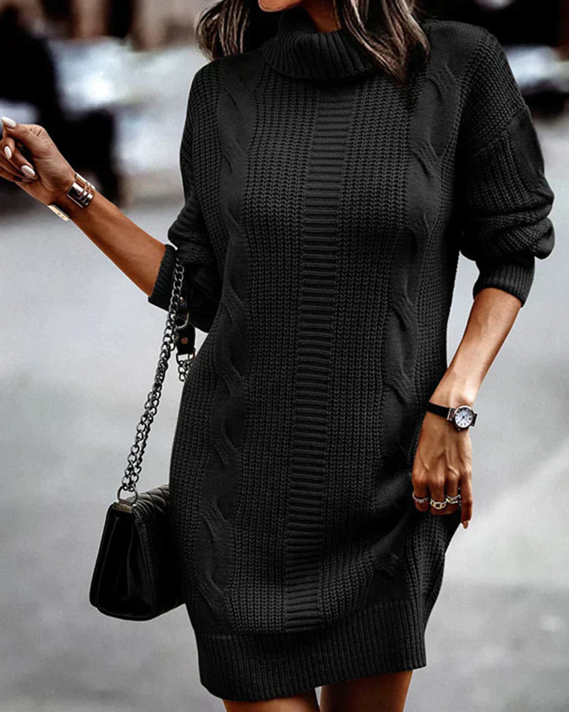 Women's Knitted Sweater Dress – Turtleneck – Cable Pattern – Loose Fit – Long Sleeves - Image 4