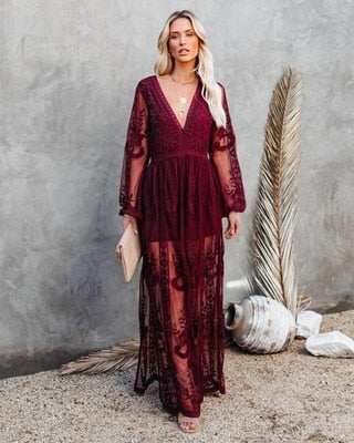 Ladies Maxi Dress - Lace and Embroidery - Deep V-Neck - Long Sleeves - Elegant Fit - Image 3