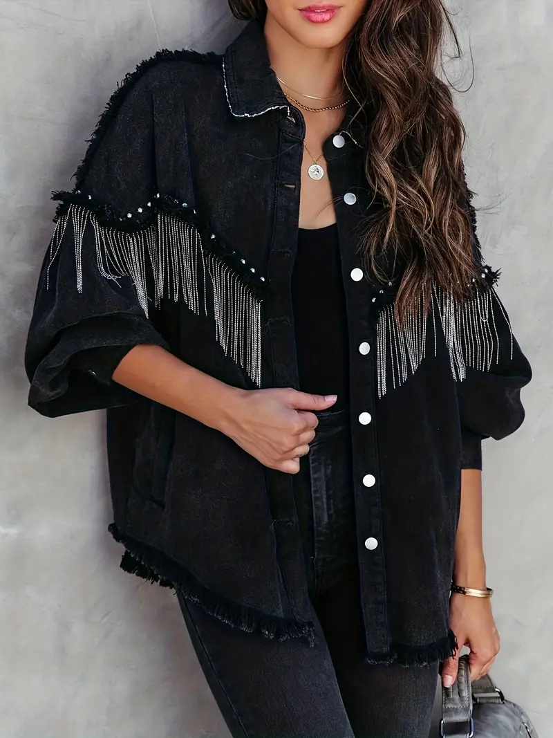 Women's Denim Jacket – Relaxed Fit – With Fringe & Studs – Western Boho Style - Image 3