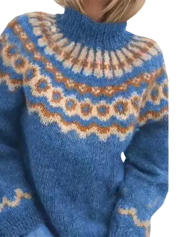Women's Knitted Sweater - Fair Isle Pattern - High Neck - Warm Wool Blend - Long Sleeves - Image 3