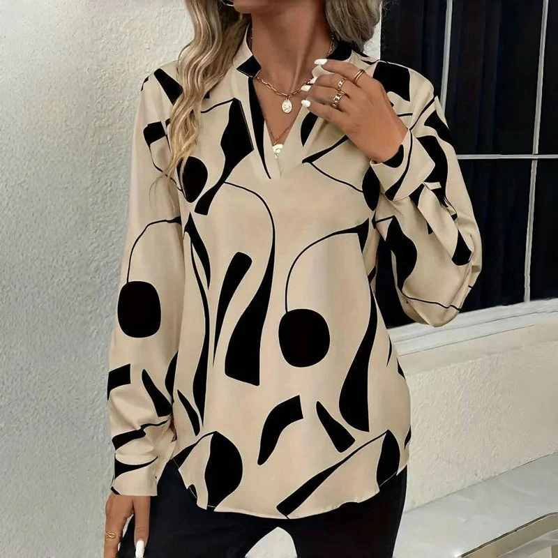 Women's Blouse - V-Neck with Stand-Up Collar - Abstract Print - Relaxed Fit - Long Sleeves - Image 2