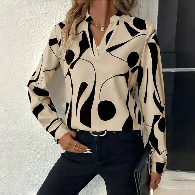 Women's Blouse - V-Neck with Stand-Up Collar - Abstract Print - Relaxed Fit - Long Sleeves - Image 3