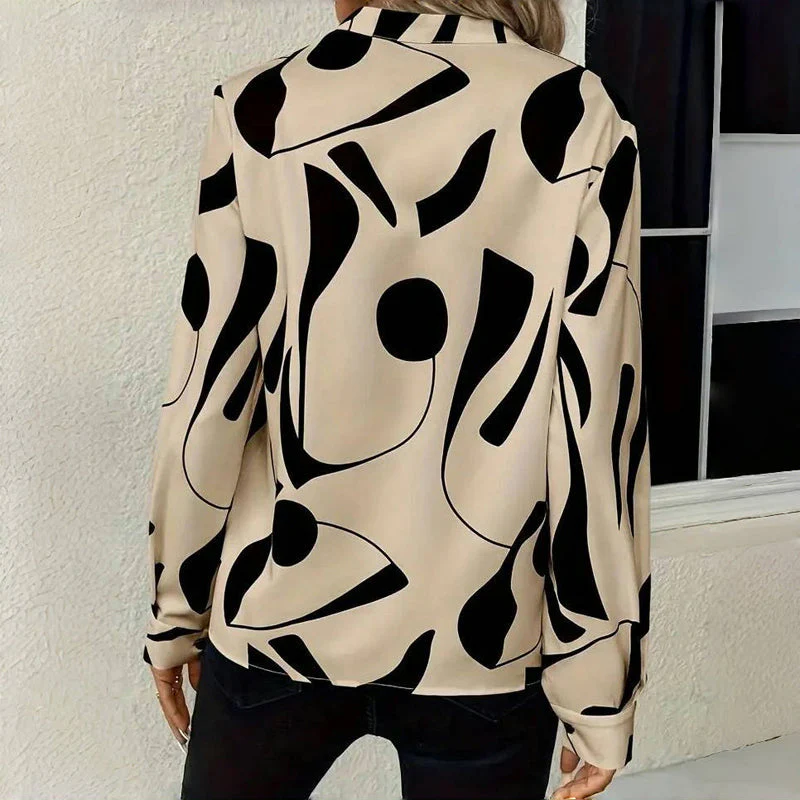 Women's Blouse - V-Neck with Stand-Up Collar - Abstract Print - Relaxed Fit - Long Sleeves - Image 4
