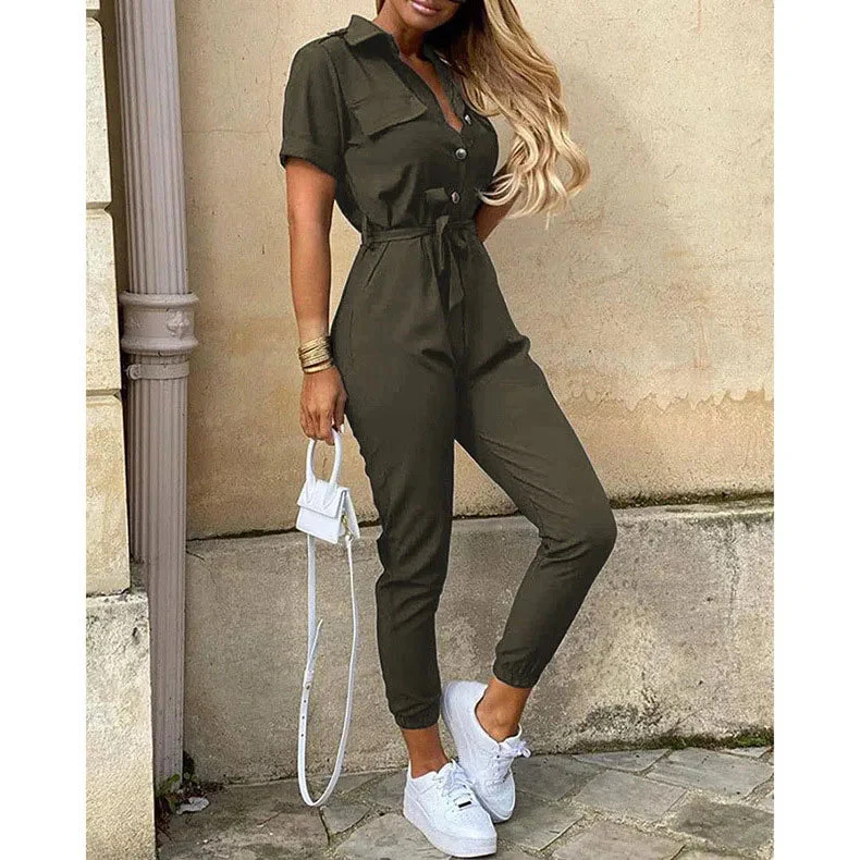 Women's Jumpsuit - Short Sleeve - Tailored Fit - Elastic Ankle - Chest Pockets - Image 2