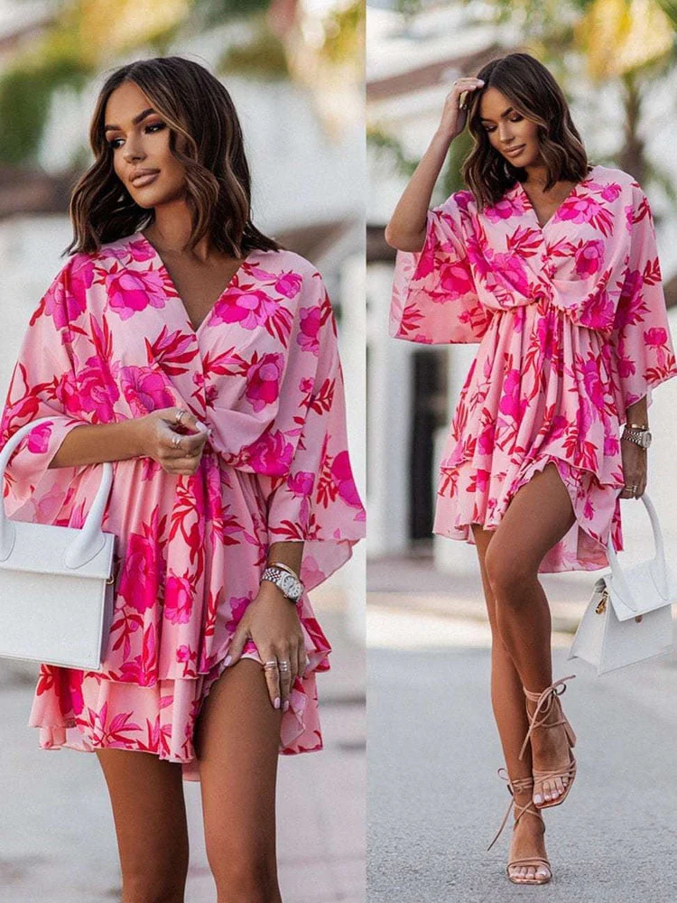 Women's Mini Dress – V-Neck – Wrap Style – Ruffles – Airy Fabric – Elegant Fit - Image 12