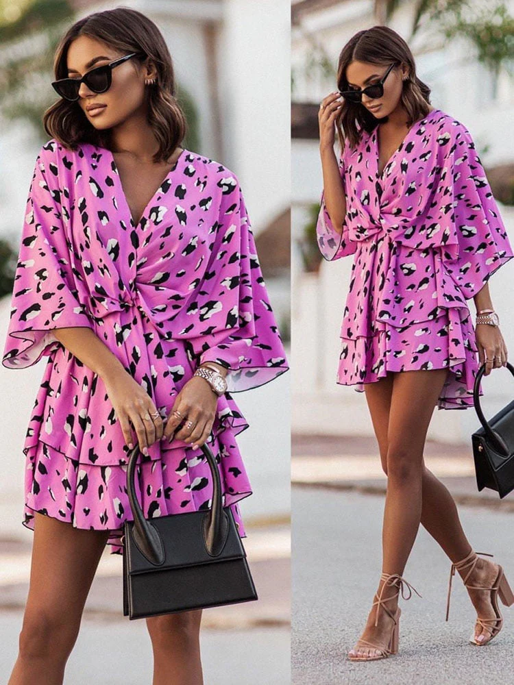 Women's Mini Dress – V-Neck – Wrap Style – Ruffles – Airy Fabric – Elegant Fit - Image 13