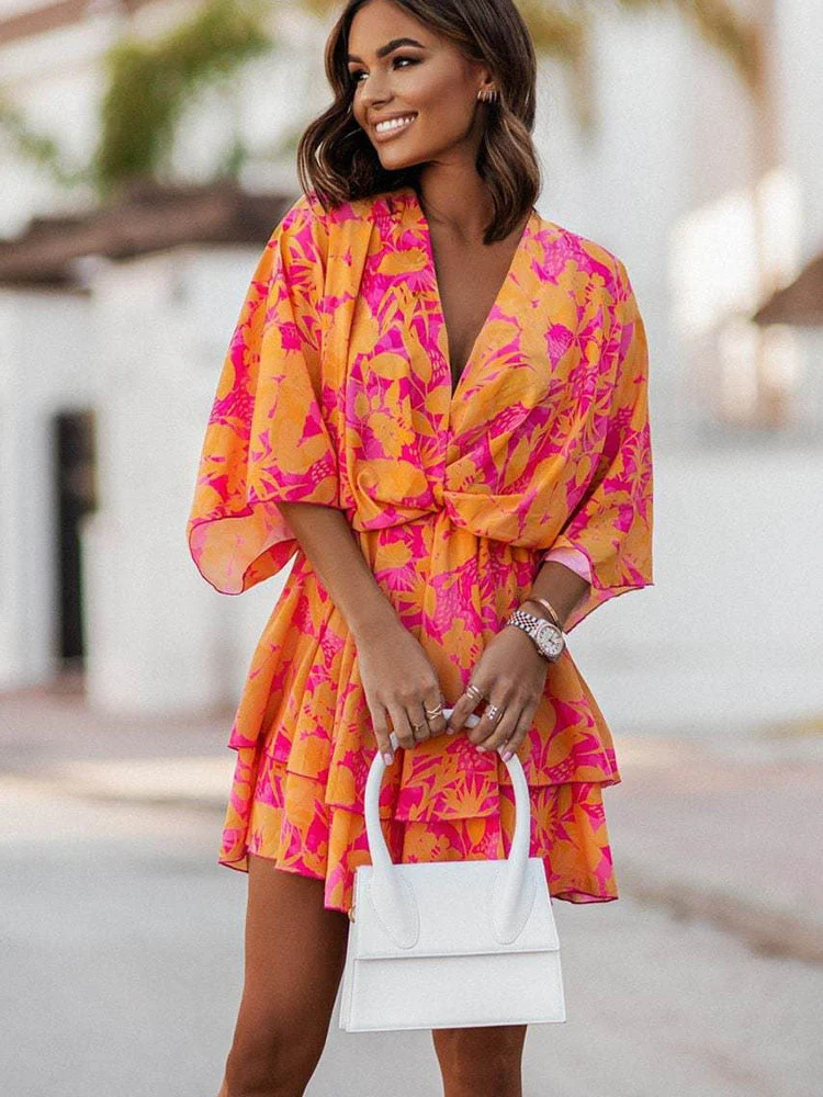 Women's Mini Dress – V-Neck – Wrap Style – Ruffles – Airy Fabric – Elegant Fit - Image 8