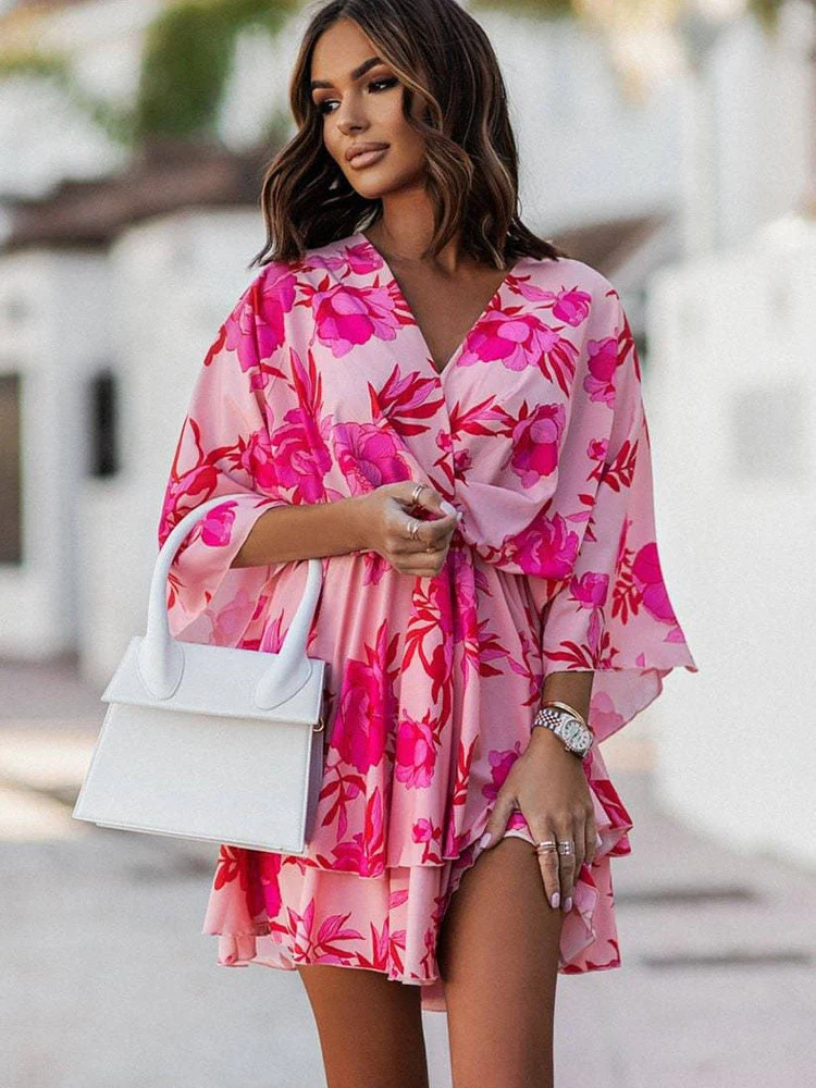 Women's Mini Dress – V-Neck – Wrap Style – Ruffles – Airy Fabric – Elegant Fit - Image 9