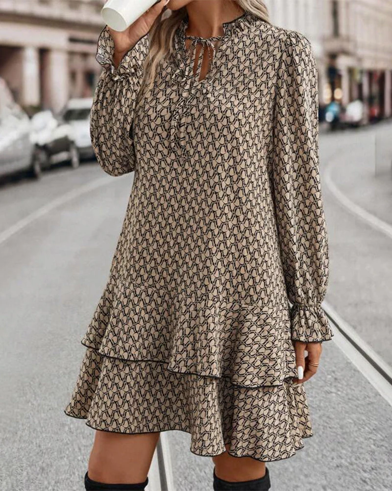 Women's A-line Dress - V-neck - Long Sleeves with Puff Shoulder - Ruffles - Detailed Pattern - Image 2
